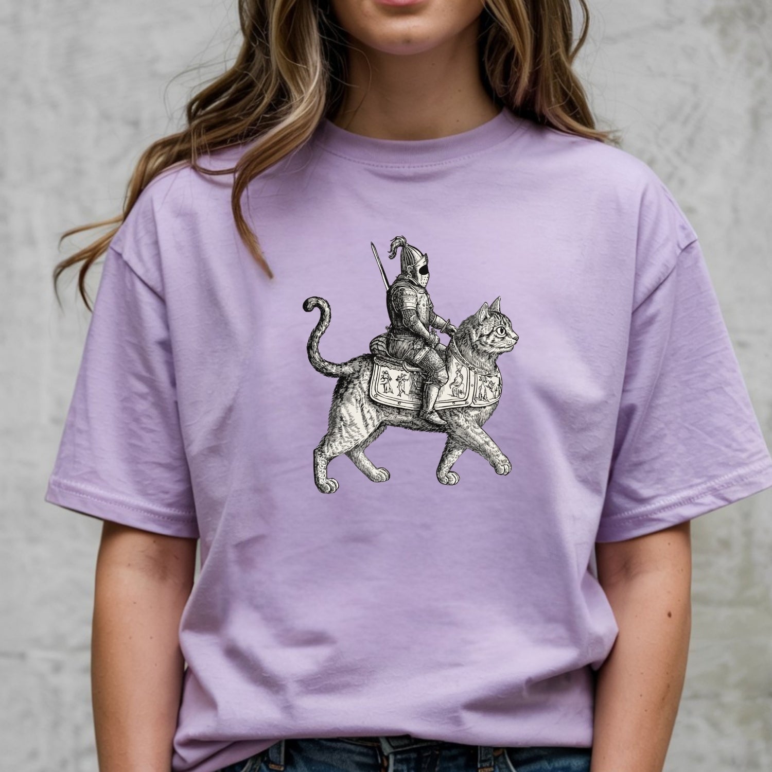 Retro Cat Knight Graphic T-Shirt – Vintage Medieval Tattoo Style – Dark Y2K Kitten Tee