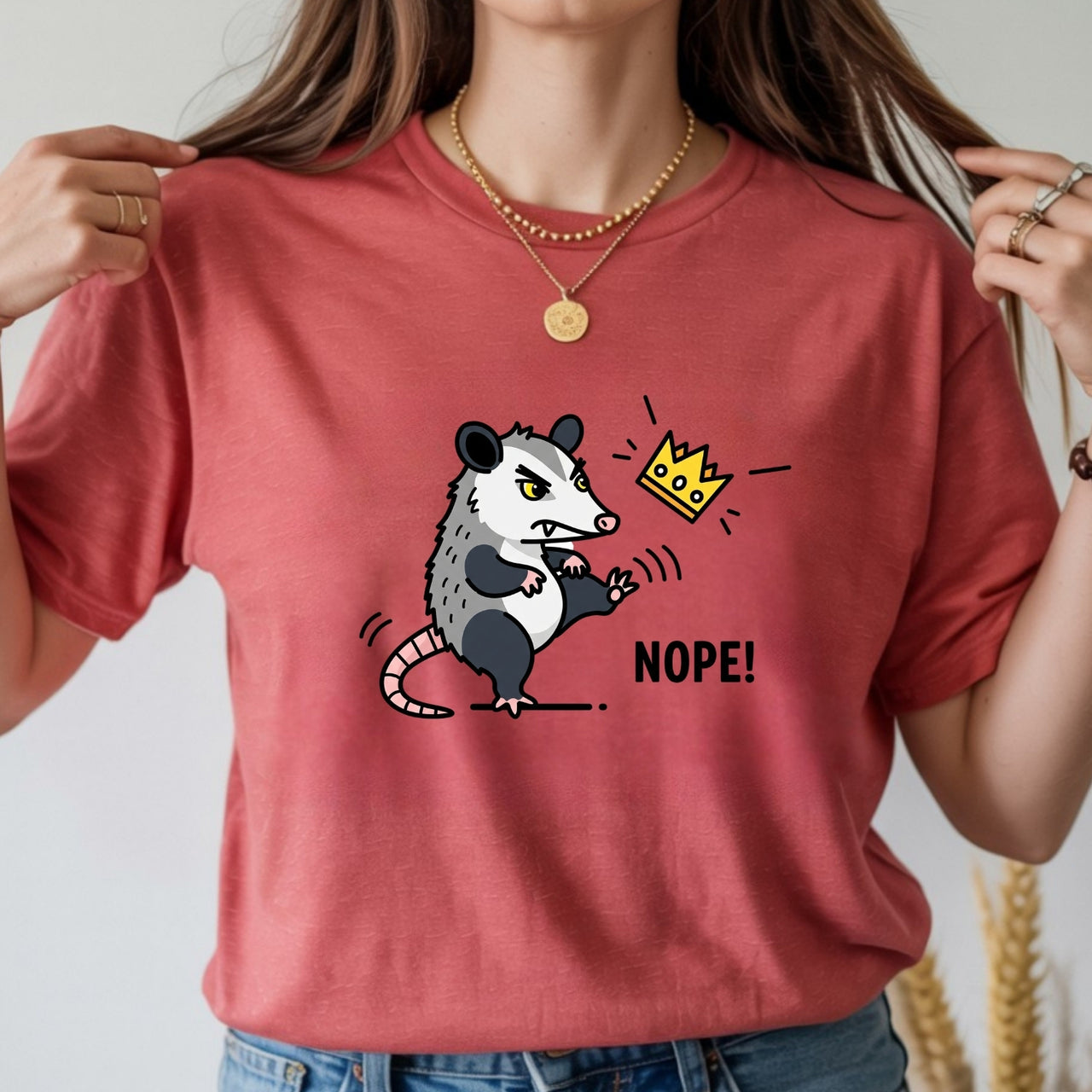 Nope Possum T-Shirt – No Kings Funny Graphic Tee – Grumpy Opossum Kicking Crown