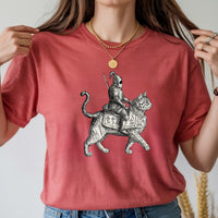Retro Cat Knight Graphic T-Shirt – Vintage Medieval Tattoo Style – Dark Y2K Kitten Tee