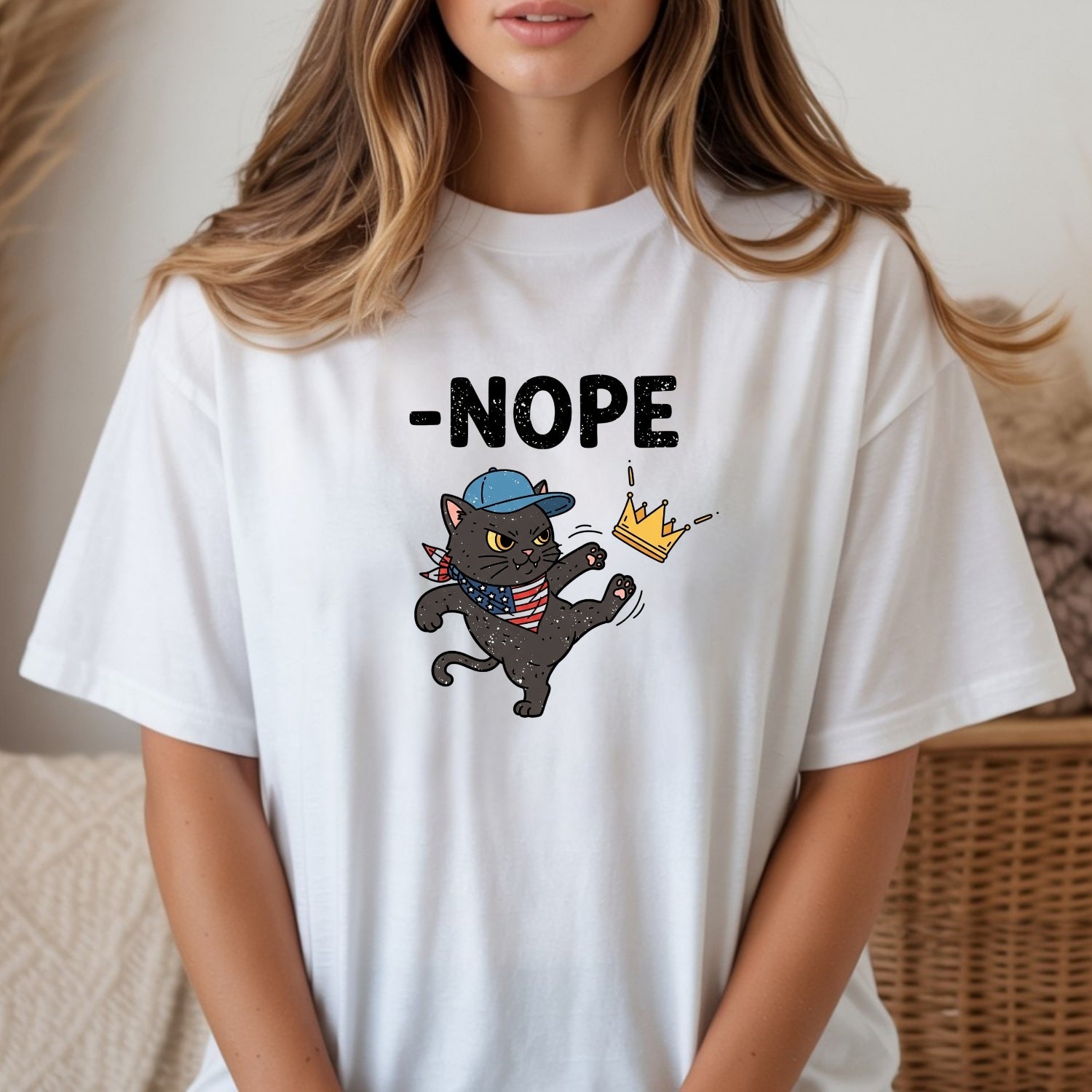 No Kings in America Tee – Black Cat Parody Shirt – Liberty & Humor Graphic Top