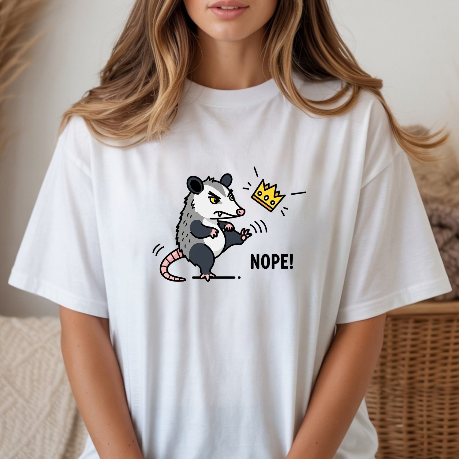 Nope Possum T-Shirt – No Kings Funny Graphic Tee – Grumpy Opossum Kicking Crown