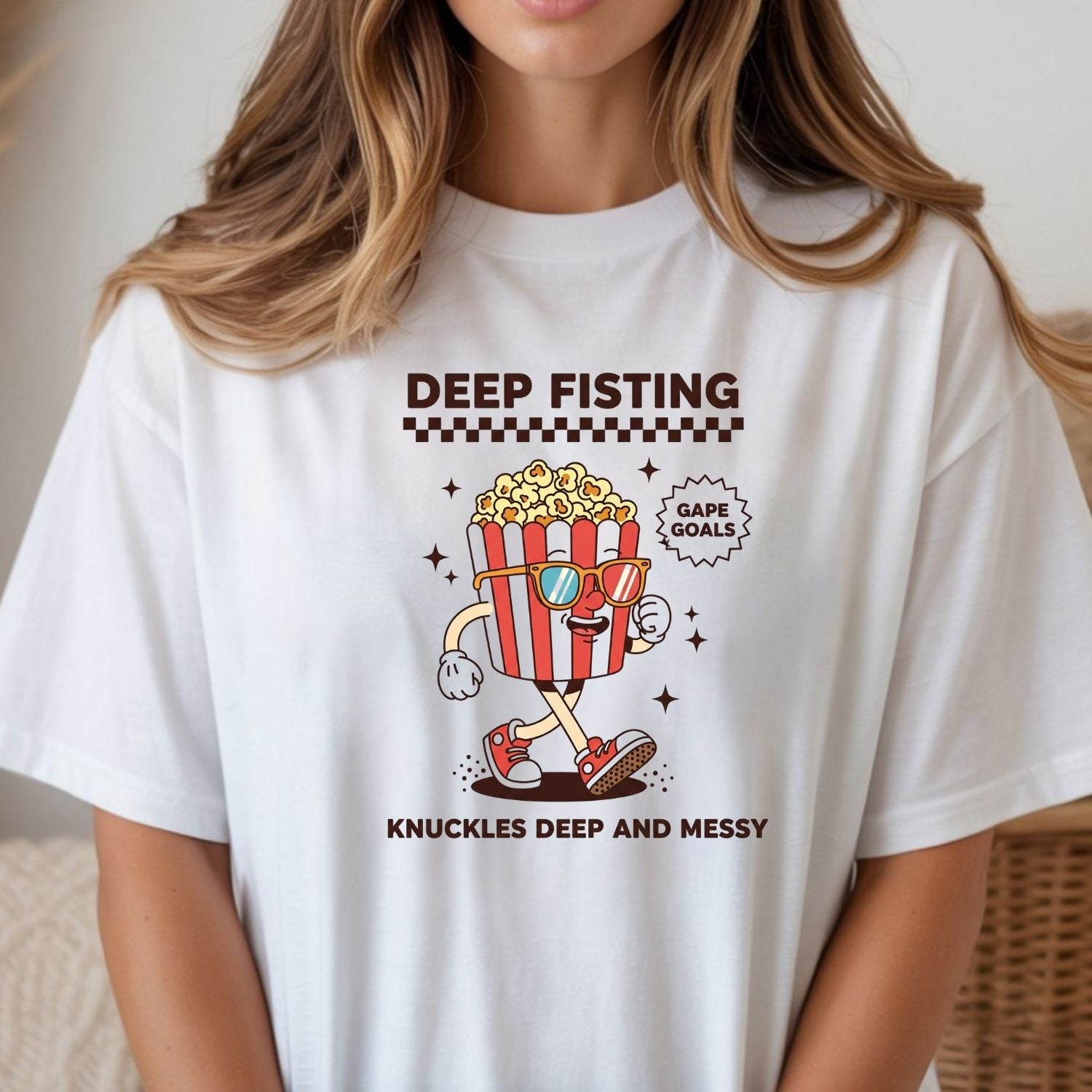 Funny Deep Fisting Popcorn T-Shirt - Retro Humor Tee - Bachelorette Party Shirt for Girls Trip