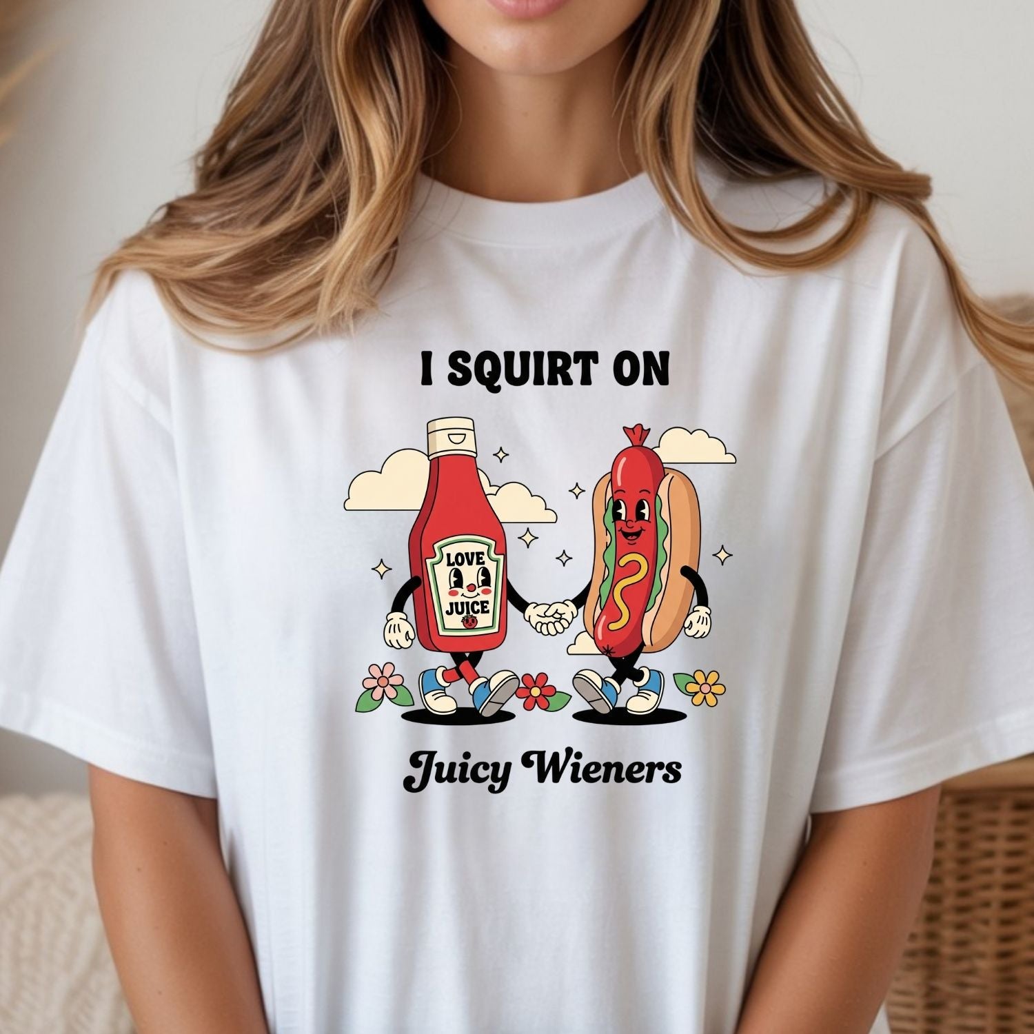 Funny I Squirt On Juicy Wieners Graphic Tee - Hot Dog Meme Shirt - Silly Inappropriate T-Shirt for Adults