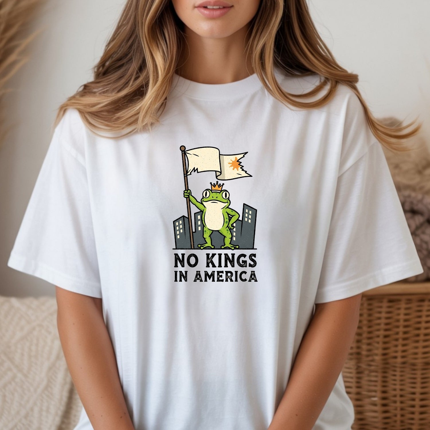 No Kings in America Frog T-Shirt – Rebellious Cartoon Graphic Tee – Funny Freedom Design