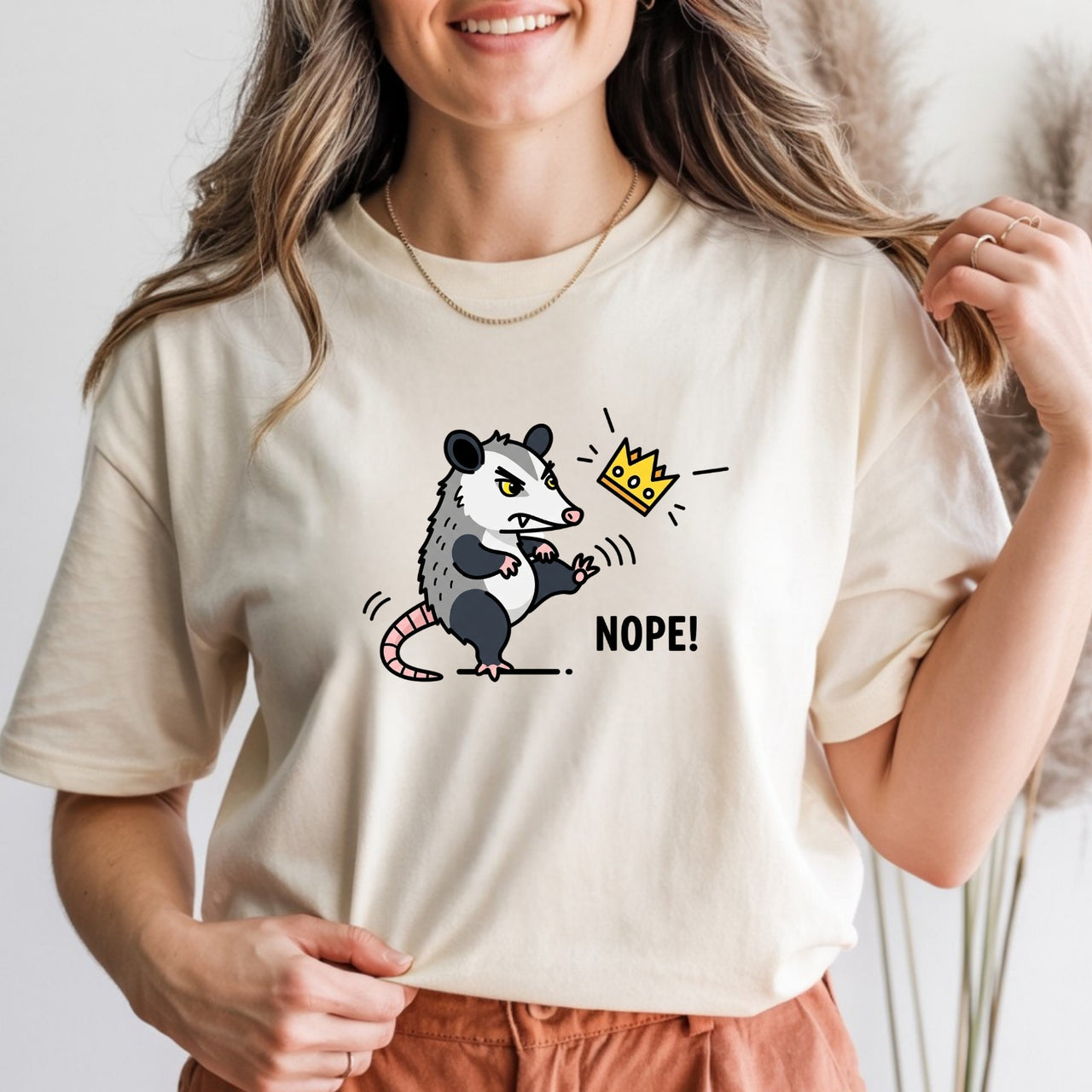 Nope Possum T-Shirt – No Kings Funny Graphic Tee – Grumpy Opossum Kicking Crown