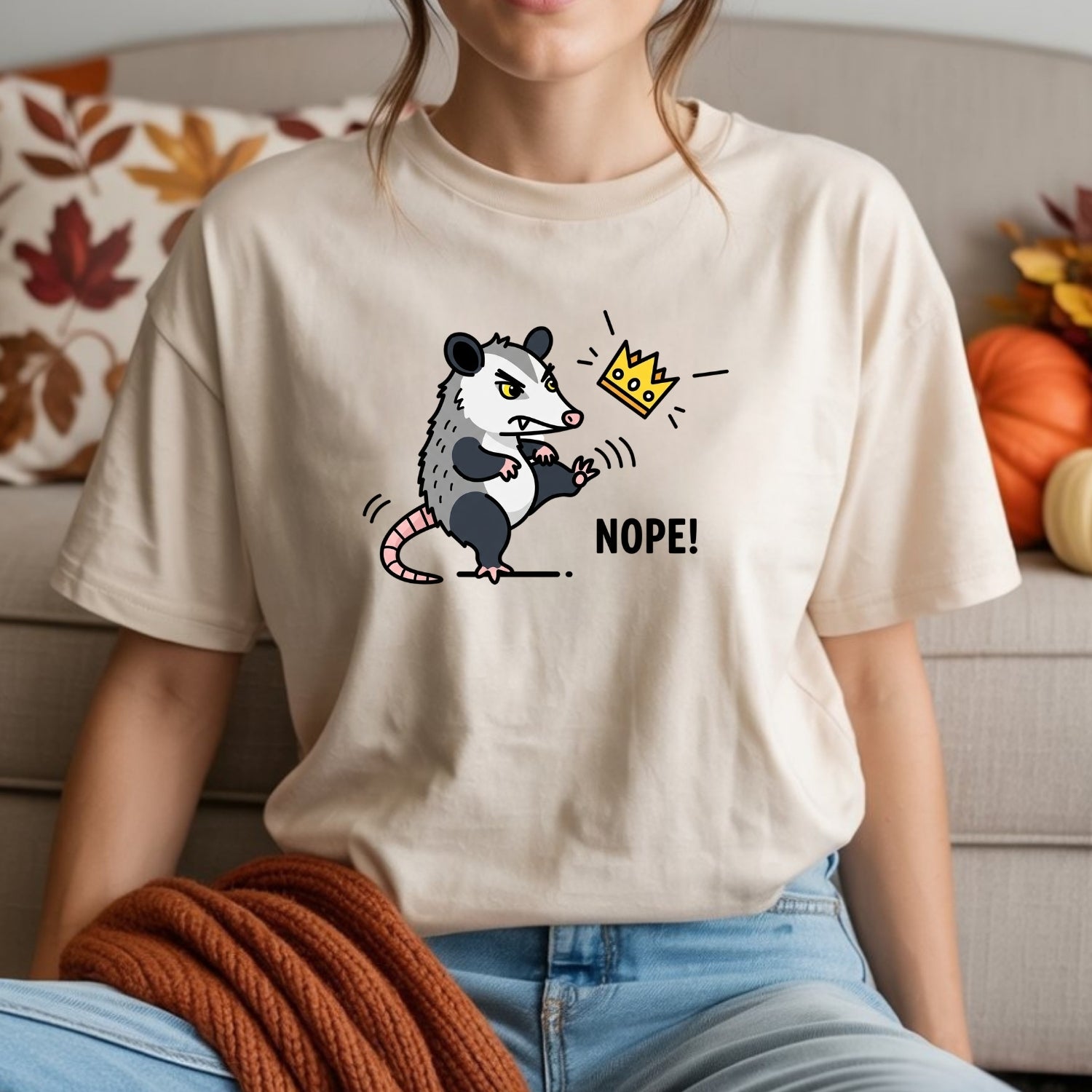 Nope Possum T-Shirt – No Kings Funny Graphic Tee – Grumpy Opossum Kicking Crown