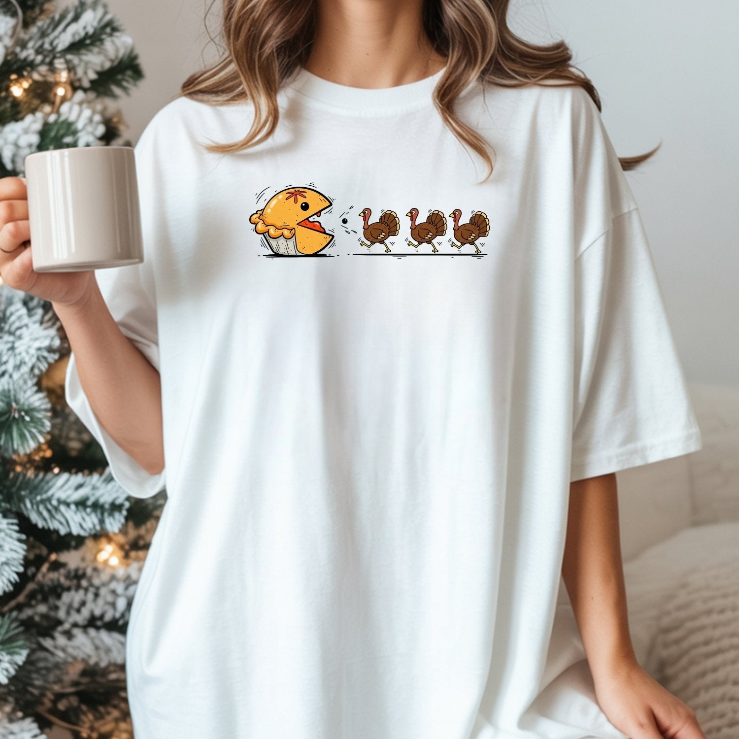 Funny Thanksgiving Shirt – Retro Pumpkin Pie Chasing Turkey Tee