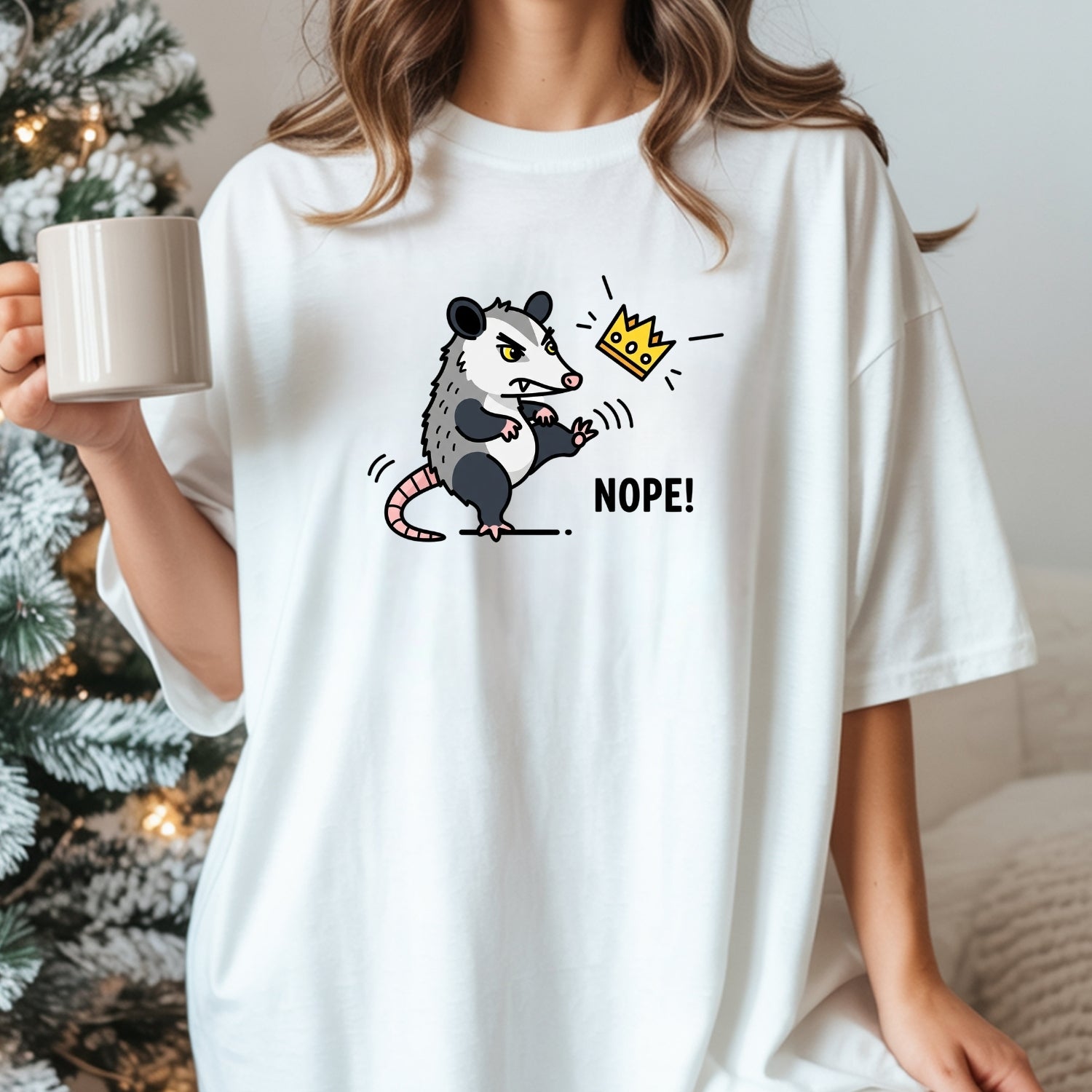 Nope Possum T-Shirt – No Kings Funny Graphic Tee – Grumpy Opossum Kicking Crown