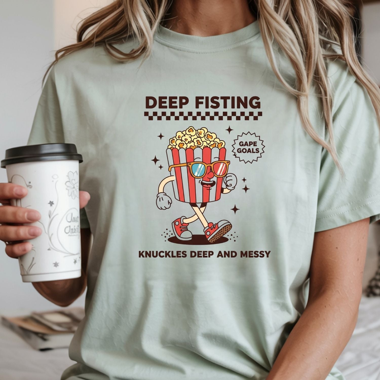 Funny Deep Fisting Popcorn T-Shirt - Retro Humor Tee - Bachelorette Party Shirt for Girls Trip