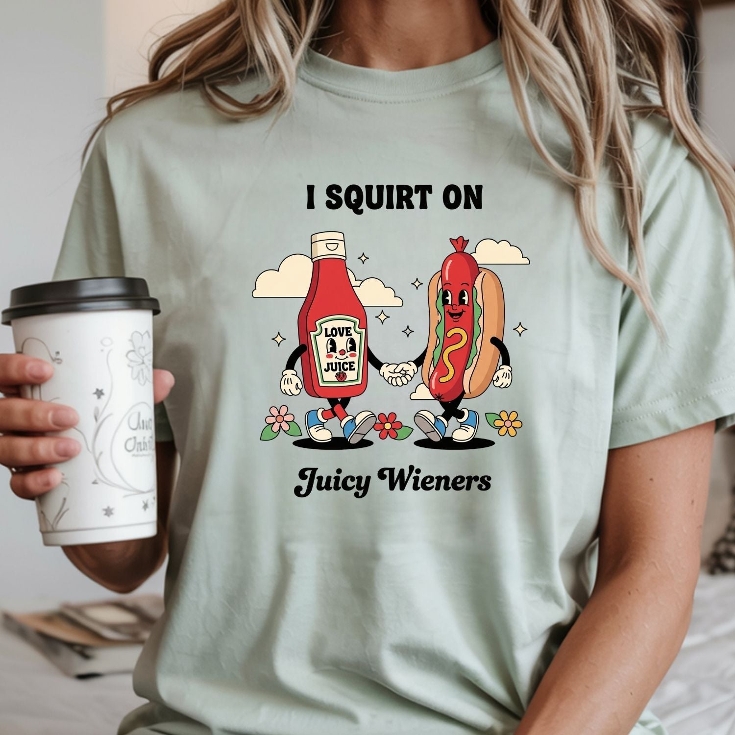 Funny I Squirt On Juicy Wieners Graphic Tee - Hot Dog Meme Shirt - Silly Inappropriate T-Shirt for Adults