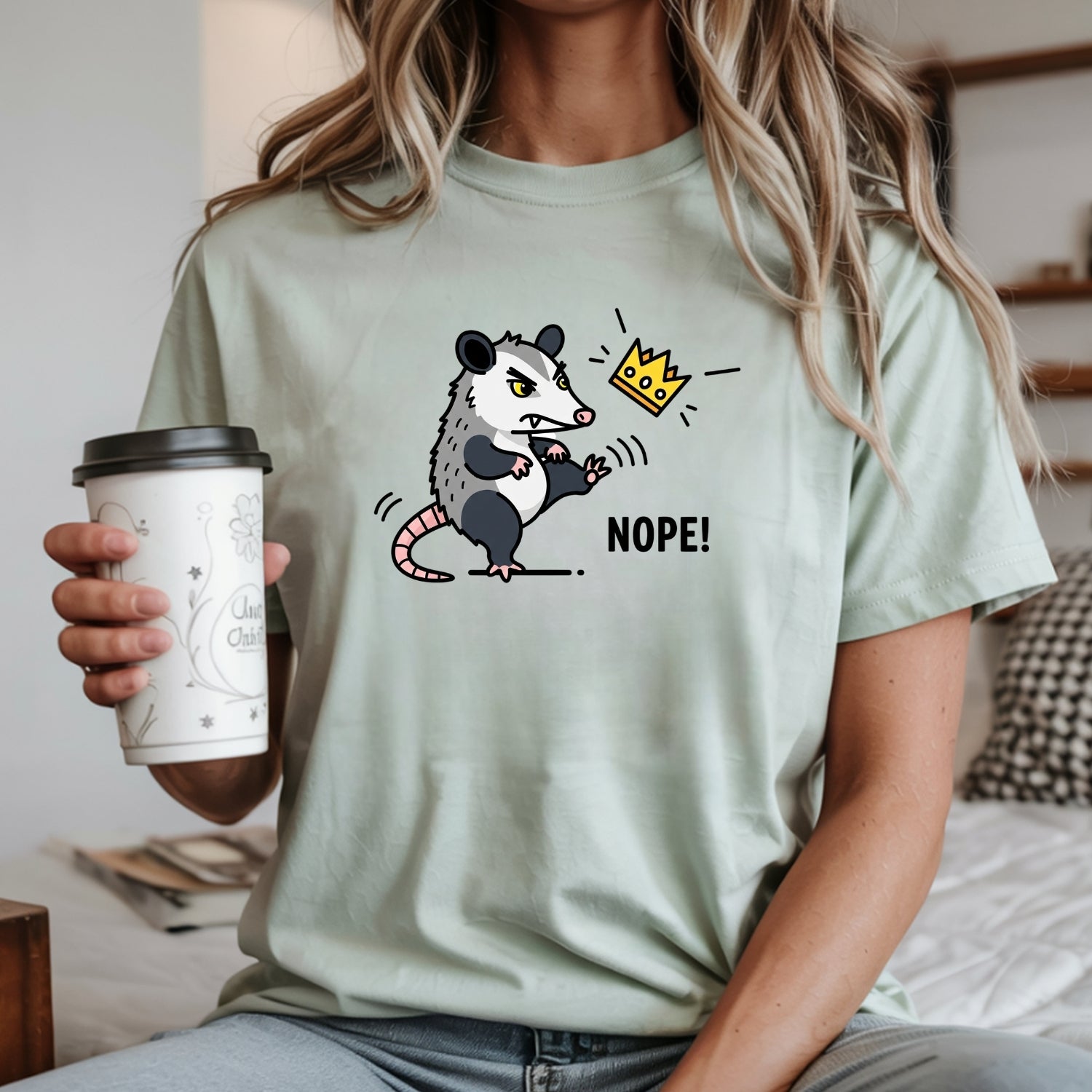 Nope Possum T-Shirt – No Kings Funny Graphic Tee – Grumpy Opossum Kicking Crown