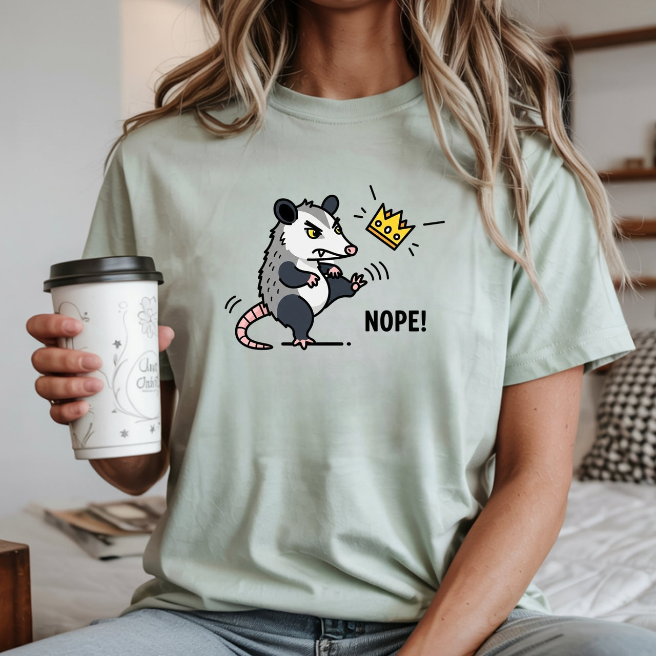 Nope Possum T-Shirt – No Kings Funny Graphic Tee – Grumpy Opossum Kicking Crown