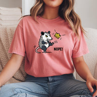 Nope Possum T-Shirt – No Kings Funny Graphic Tee – Grumpy Opossum Kicking Crown