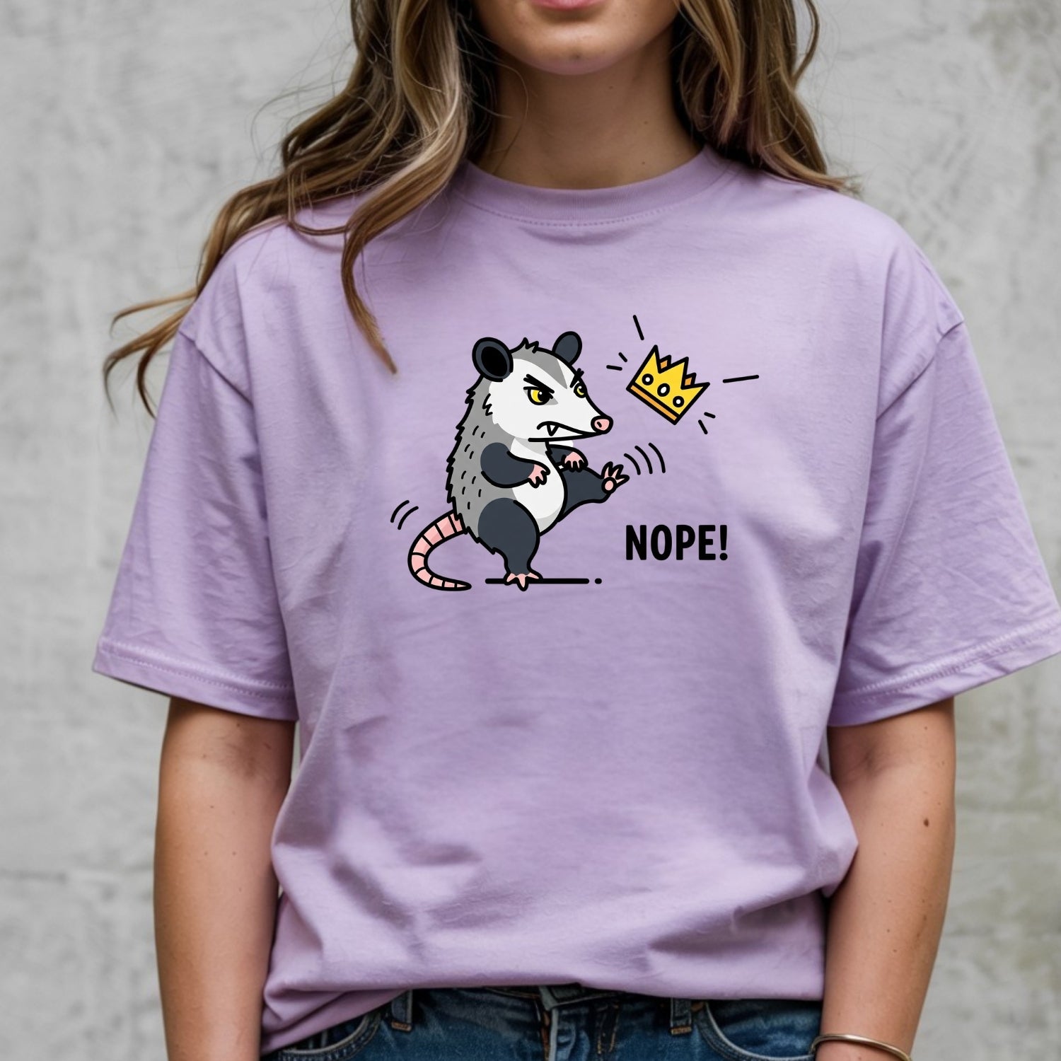 Nope Possum T-Shirt – No Kings Funny Graphic Tee – Grumpy Opossum Kicking Crown