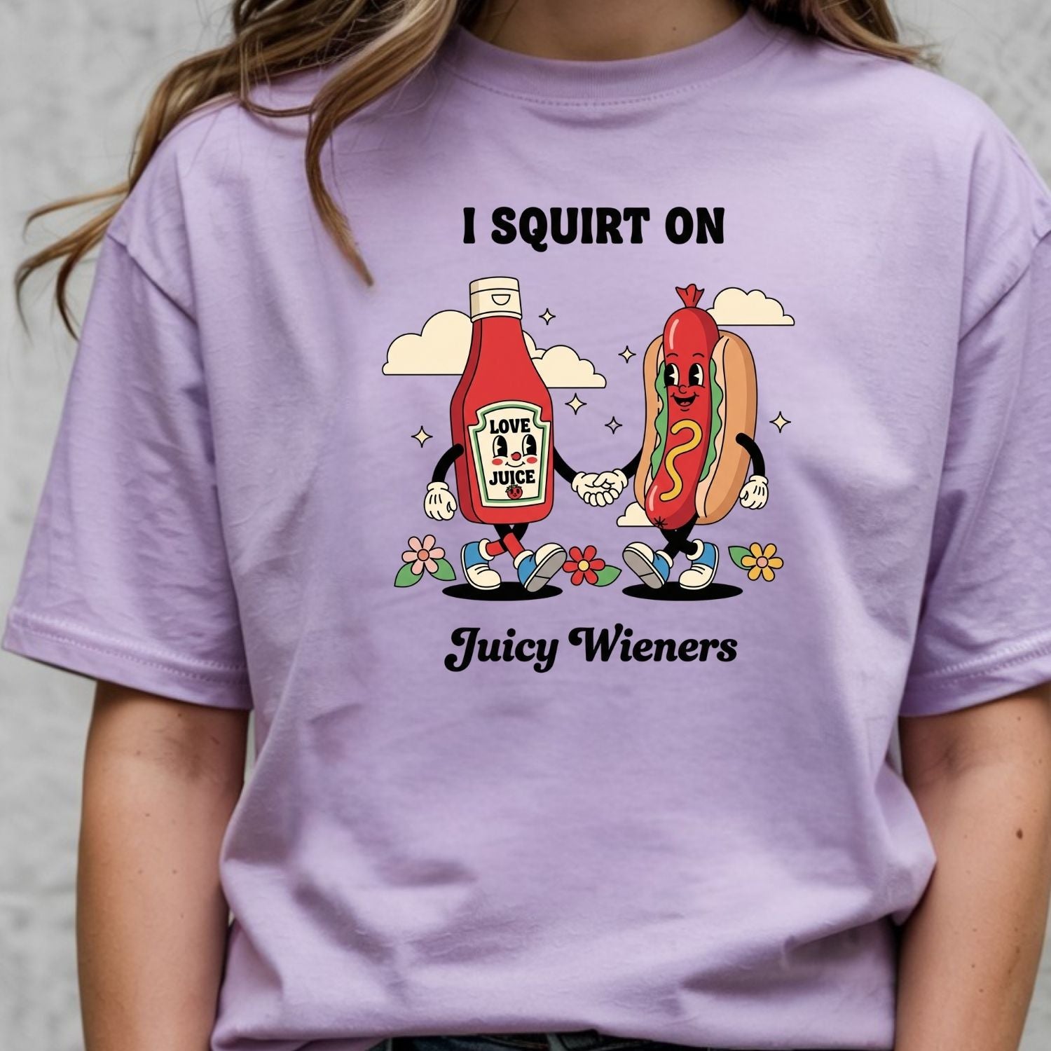 Funny I Squirt On Juicy Wieners Graphic Tee - Hot Dog Meme Shirt - Silly Inappropriate T-Shirt for Adults