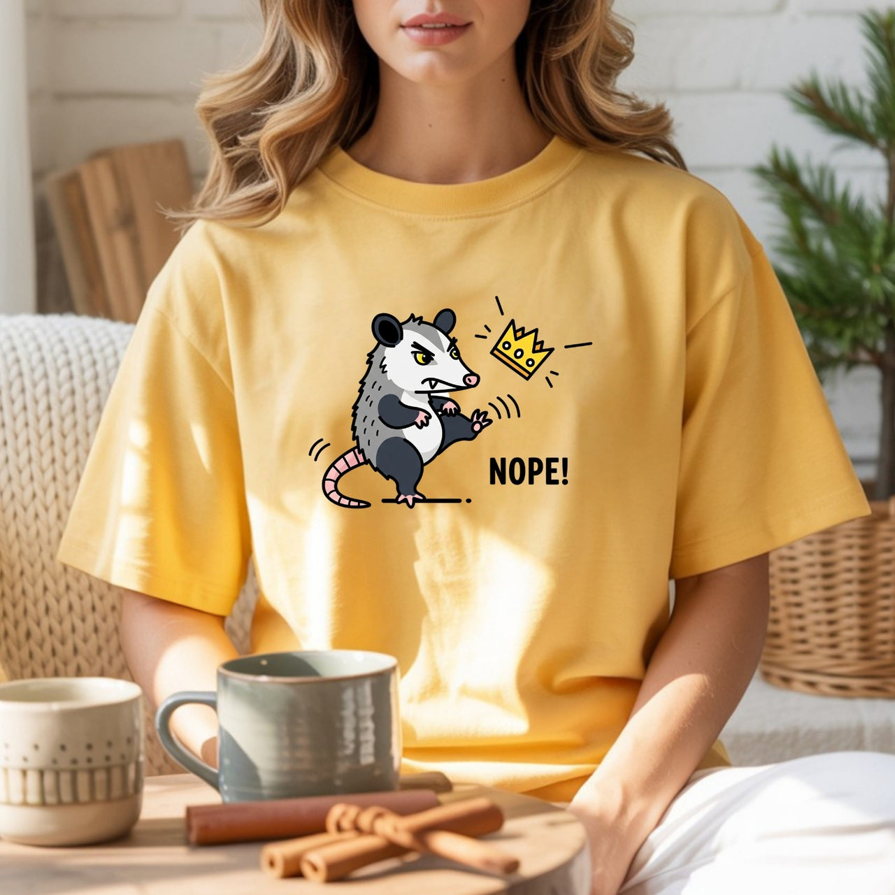 Nope Possum T-Shirt – No Kings Funny Graphic Tee – Grumpy Opossum Kicking Crown