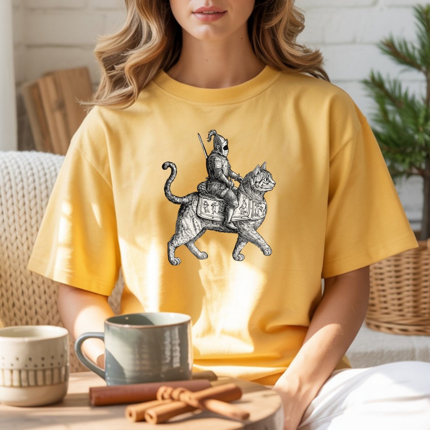 Retro Cat Knight Graphic T-Shirt – Vintage Medieval Tattoo Style – Dark Y2K Kitten Tee