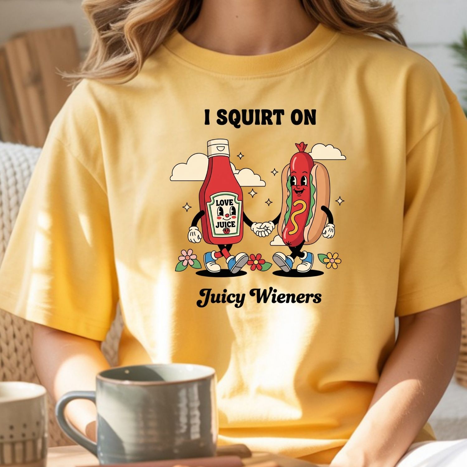 Funny I Squirt On Juicy Wieners Graphic Tee - Hot Dog Meme Shirt - Silly Inappropriate T-Shirt for Adults