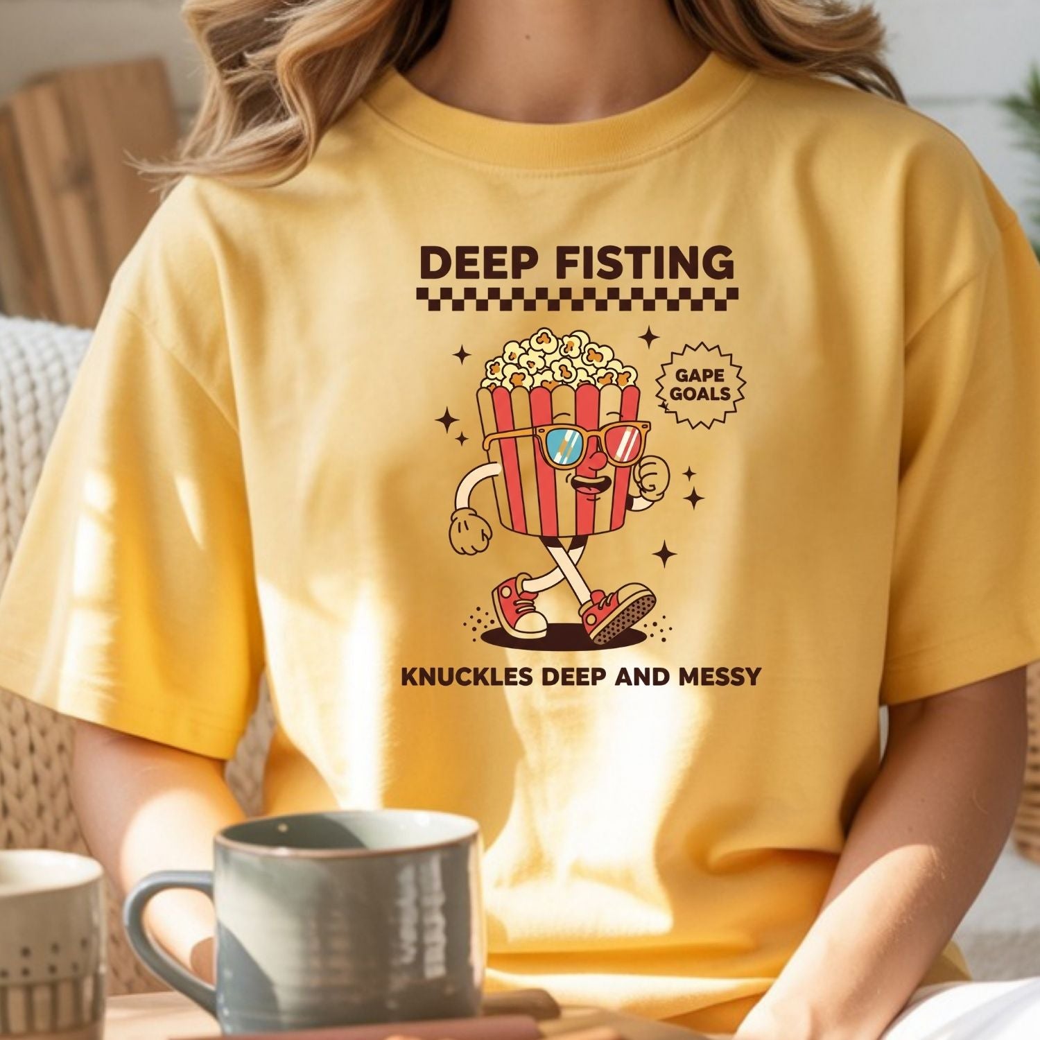 Funny Deep Fisting Popcorn T-Shirt - Retro Humor Tee - Bachelorette Party Shirt for Girls Trip