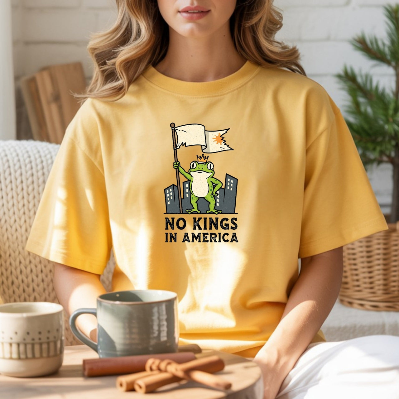 No Kings in America Frog T-Shirt – Rebellious Cartoon Graphic Tee – Funny Freedom Design