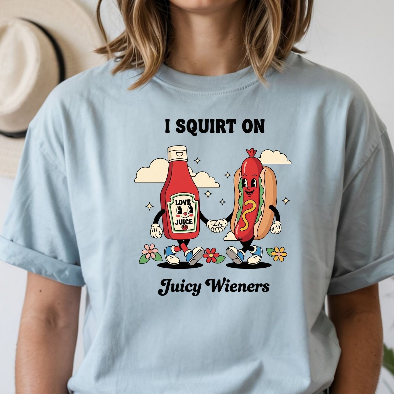 Funny I Squirt On Juicy Wieners Graphic Tee - Hot Dog Meme Shirt - Silly Inappropriate T-Shirt for Adults