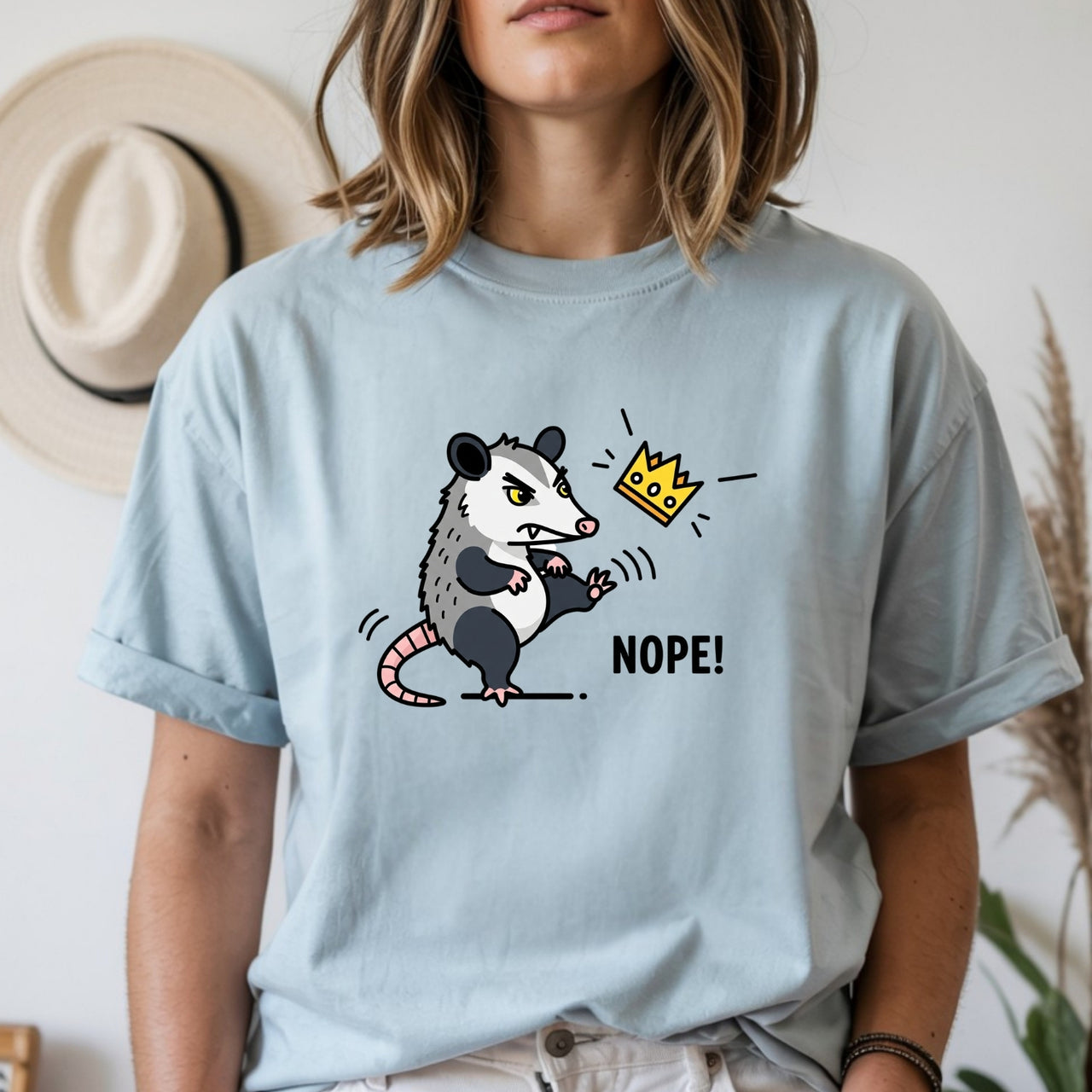 Nope Possum T-Shirt – No Kings Funny Graphic Tee – Grumpy Opossum Kicking Crown