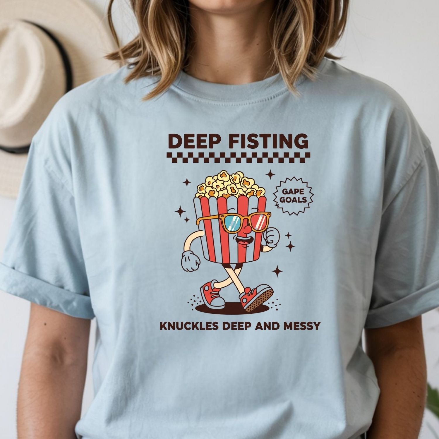 Funny Deep Fisting Popcorn T-Shirt - Retro Humor Tee - Bachelorette Party Shirt for Girls Trip