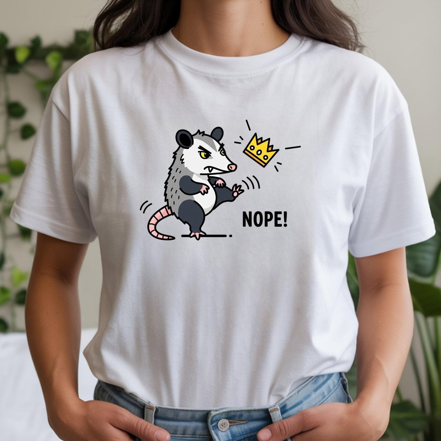 Nope Possum T-Shirt – No Kings Funny Graphic Tee – Grumpy Opossum Kicking Crown