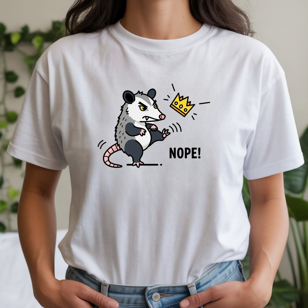Nope Possum T-Shirt – No Kings Funny Graphic Tee – Grumpy Opossum Kicking Crown