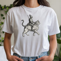 Retro Cat Knight Graphic T-Shirt – Vintage Medieval Tattoo Style – Dark Y2K Kitten Tee