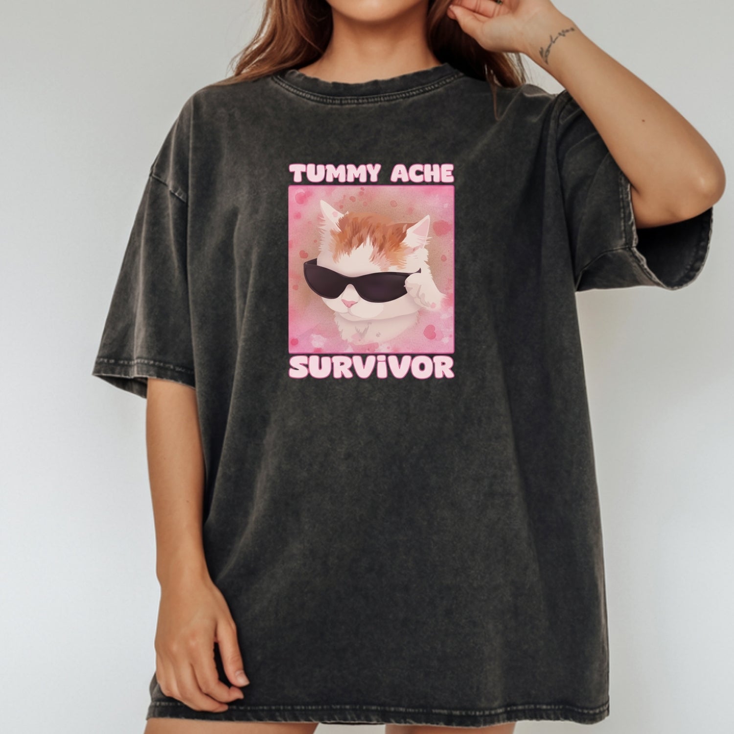 Tummy Ache Survivor Shirt – Funny Cat Meme Tee – Trendy Goofy Cat Graphic for Women