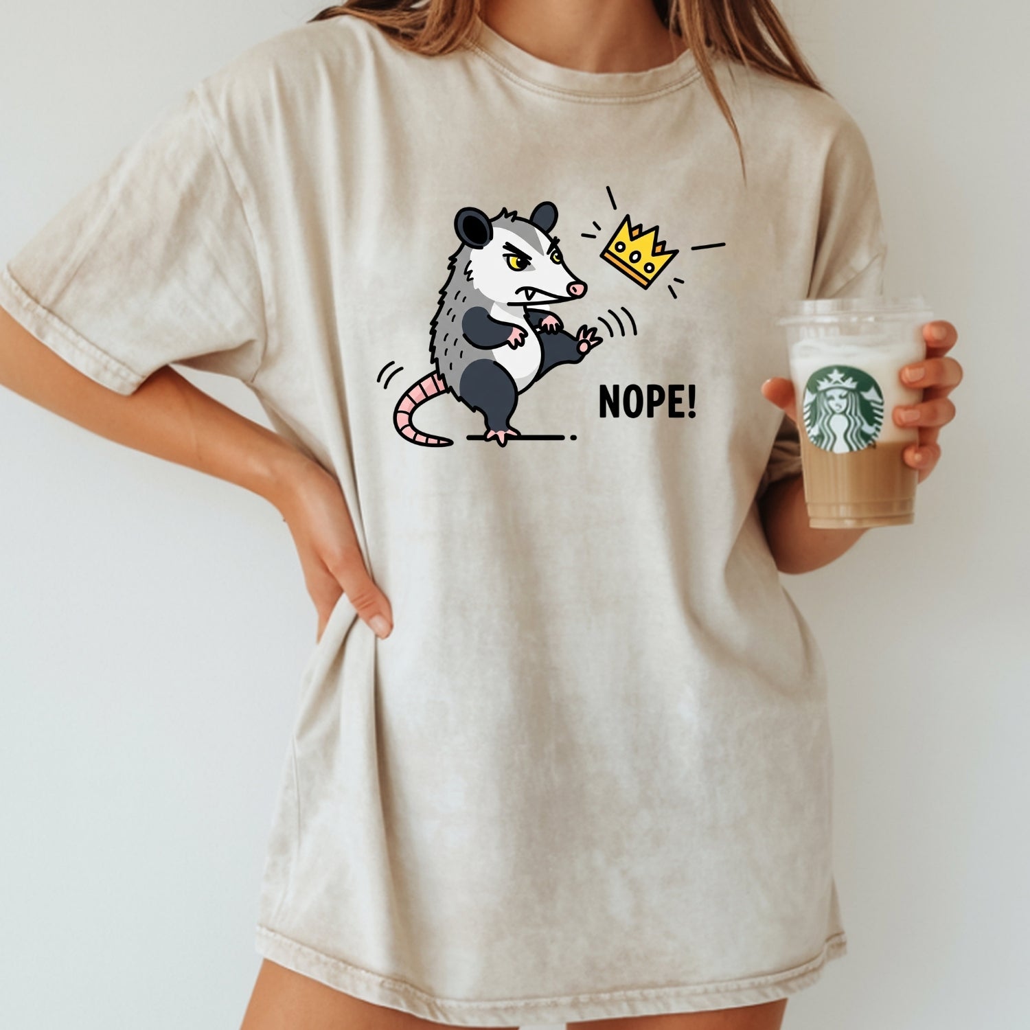 Nope Possum T-Shirt – No Kings Funny Graphic Tee – Grumpy Opossum Kicking Crown