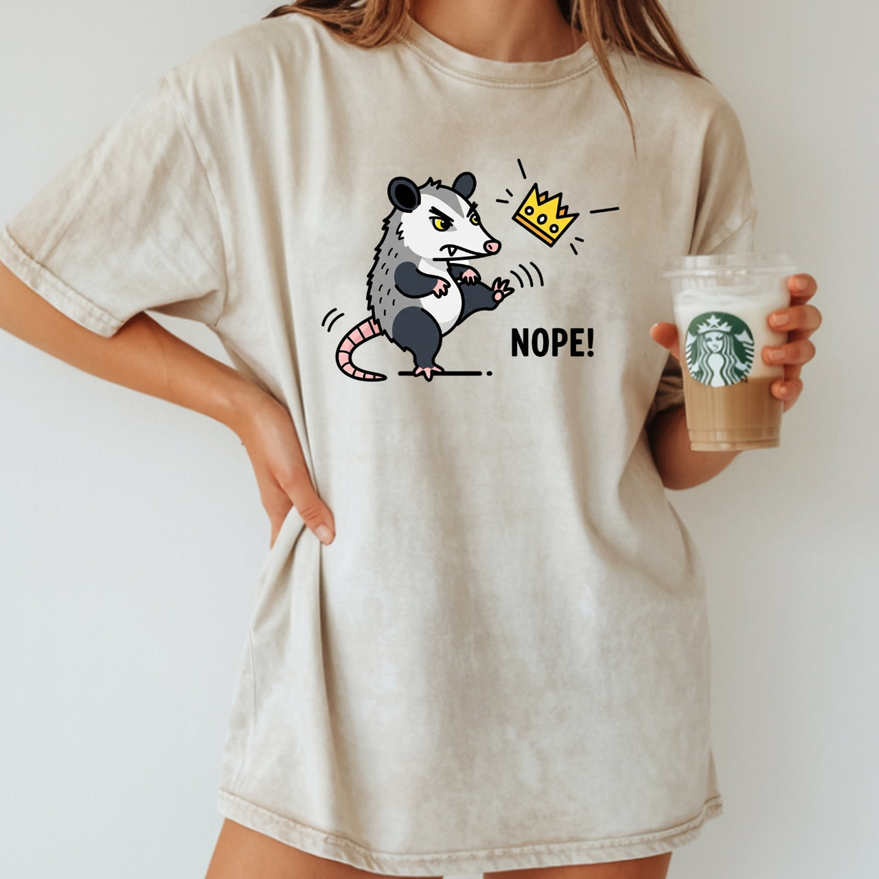 Nope Possum T-Shirt – No Kings Funny Graphic Tee – Grumpy Opossum Kicking Crown