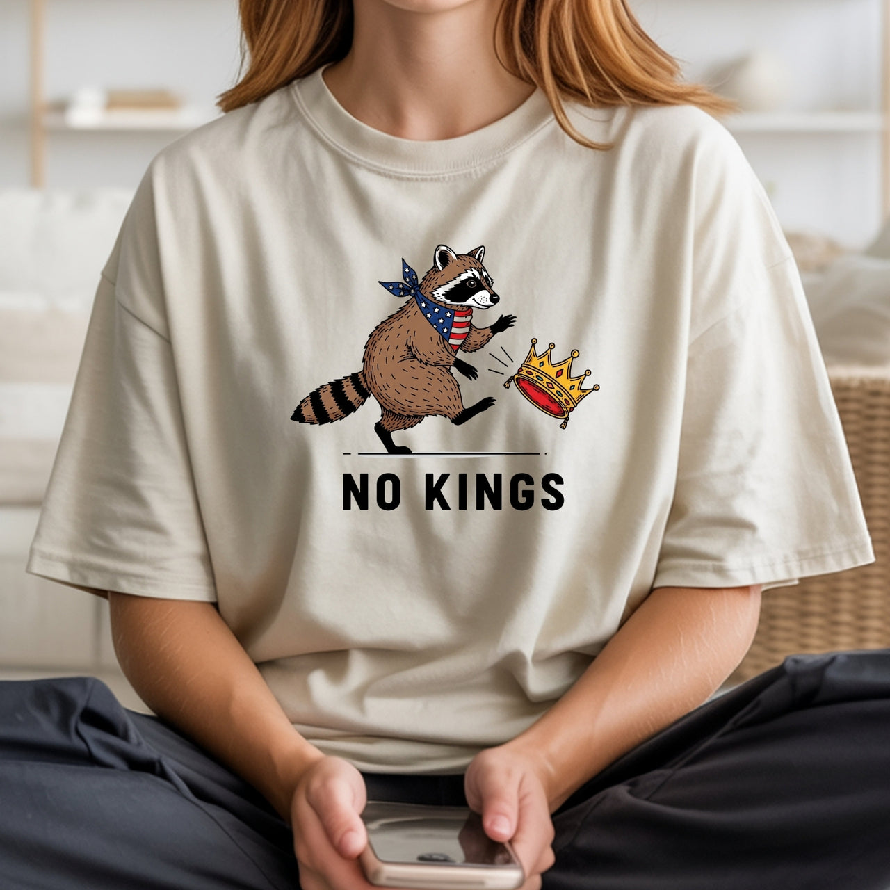 No Kings Raccoon Graphic T-Shirt - Freedom and Independence Shirt – Funny Parody Top
