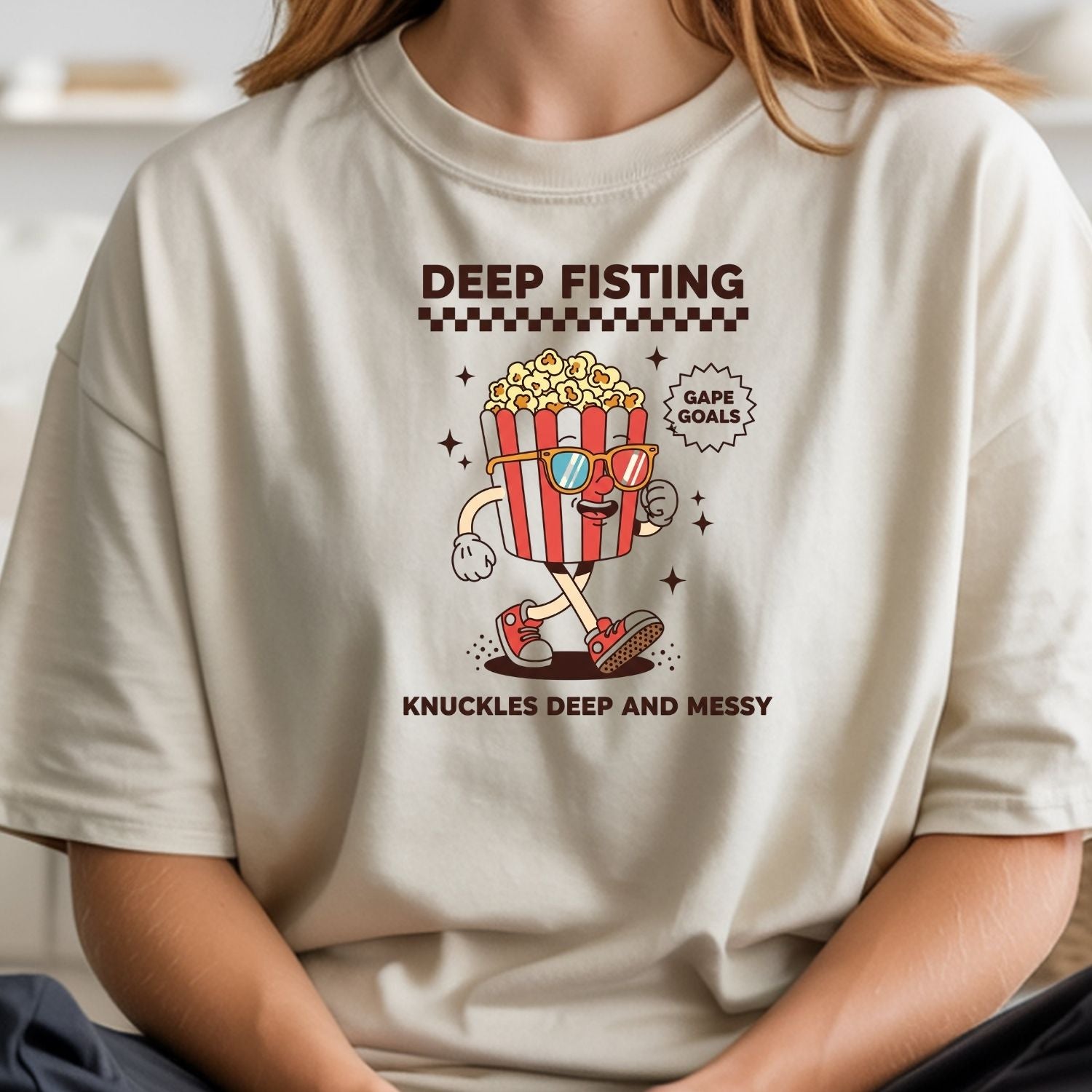 Funny Deep Fisting Popcorn T-Shirt - Retro Humor Tee - Bachelorette Party Shirt for Girls Trip