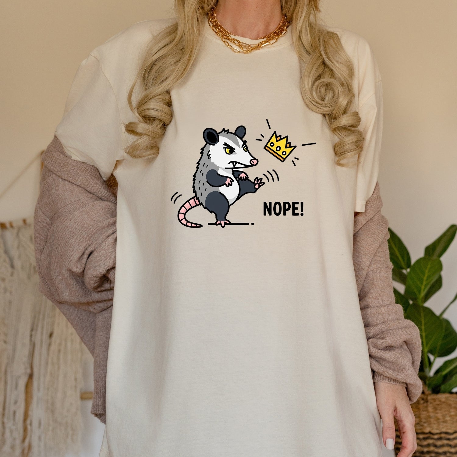 Nope Possum T-Shirt – No Kings Funny Graphic Tee – Grumpy Opossum Kicking Crown