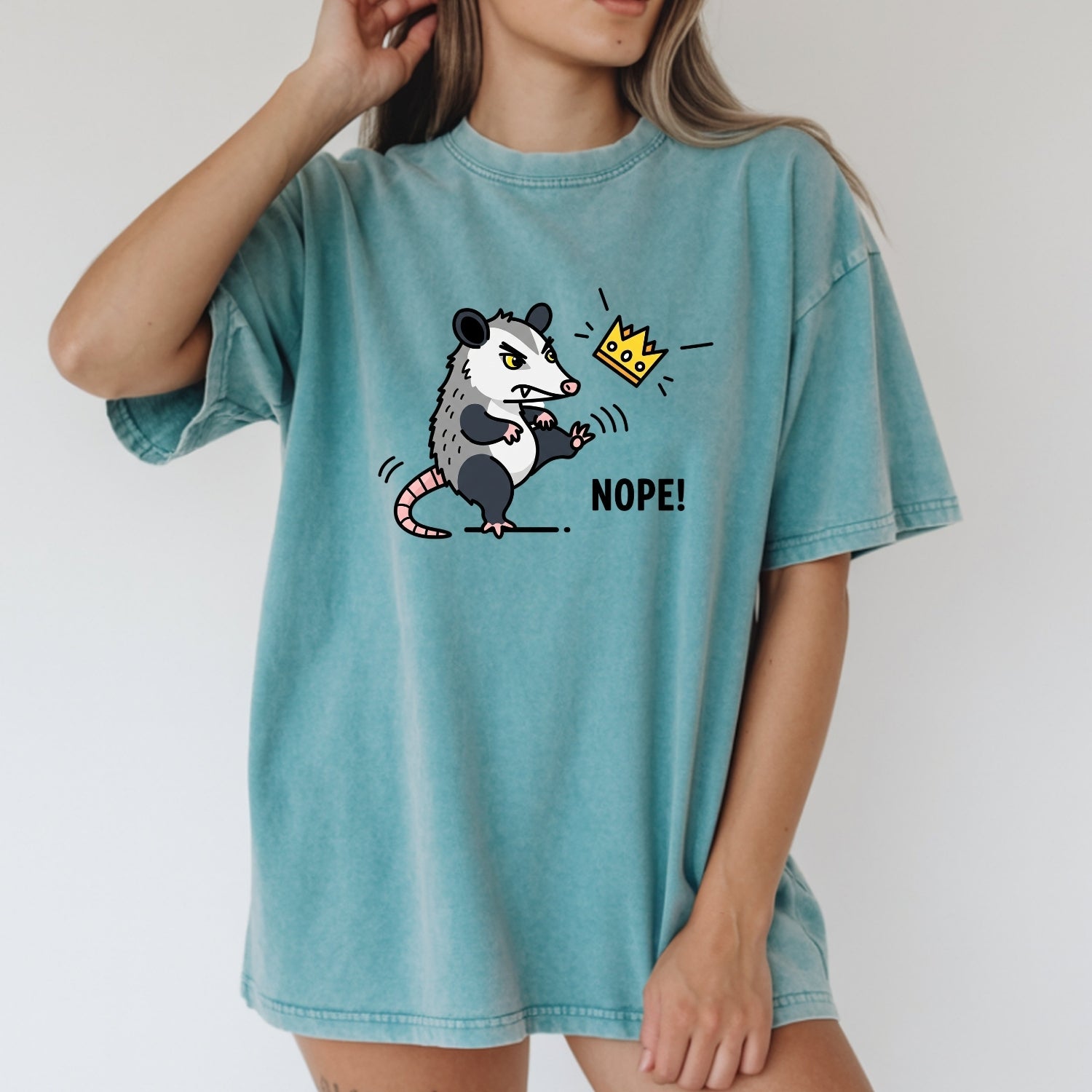Nope Possum T-Shirt – No Kings Funny Graphic Tee – Grumpy Opossum Kicking Crown