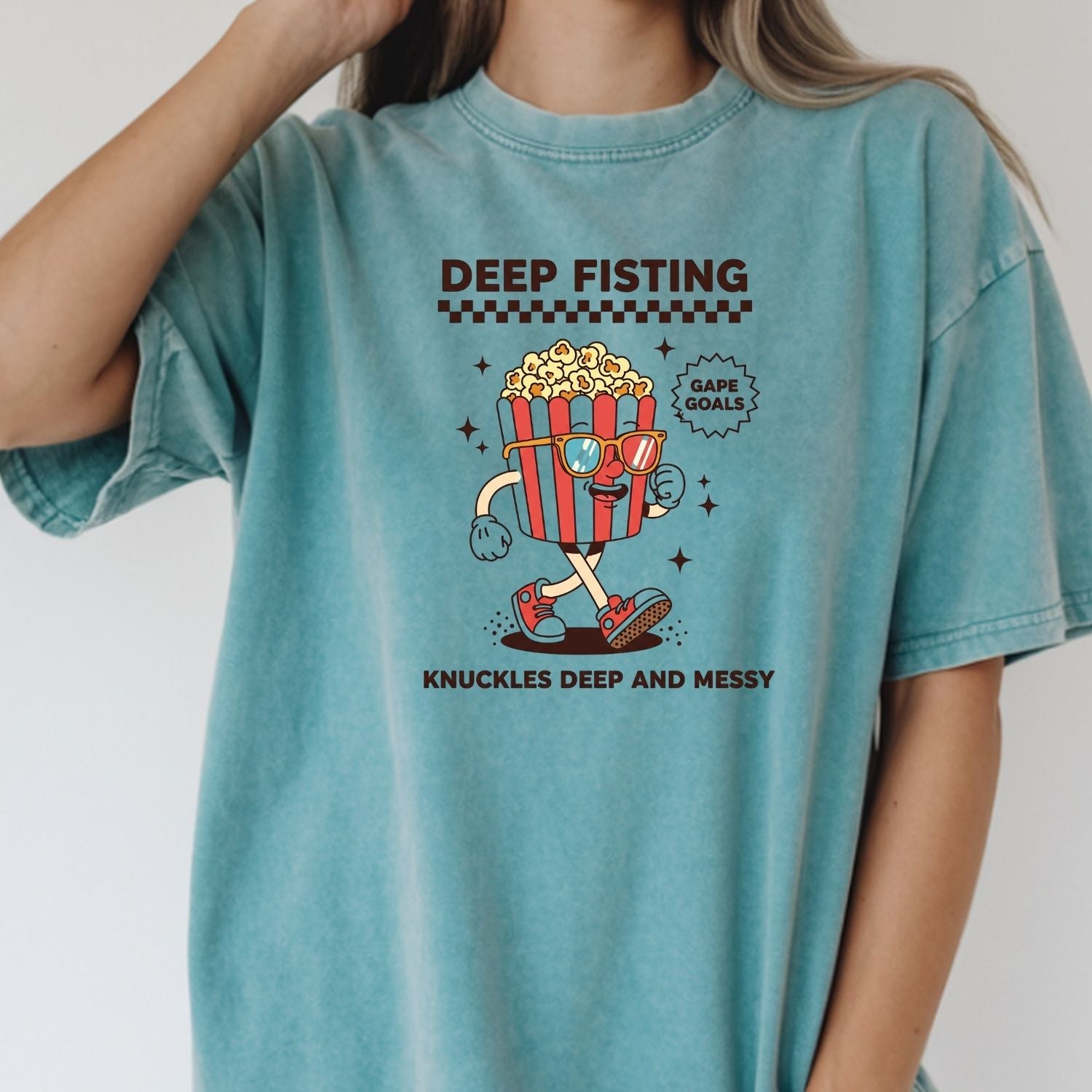 Funny Deep Fisting Popcorn T-Shirt - Retro Humor Tee - Bachelorette Party Shirt for Girls Trip
