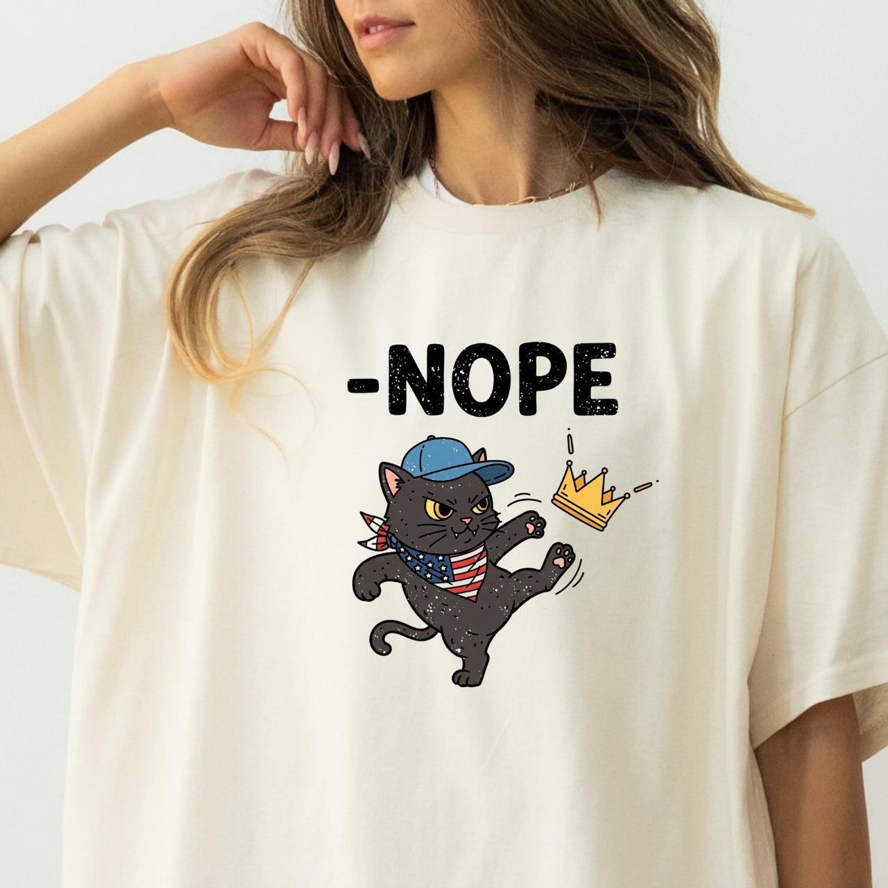 No Kings in America Tee – Black Cat Parody Shirt – Liberty & Humor Graphic Top