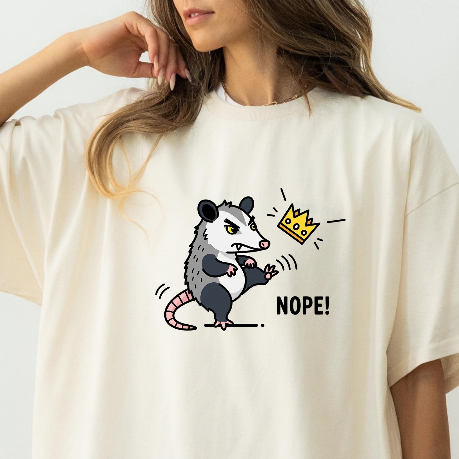 Nope Possum T-Shirt – No Kings Funny Graphic Tee – Grumpy Opossum Kicking Crown