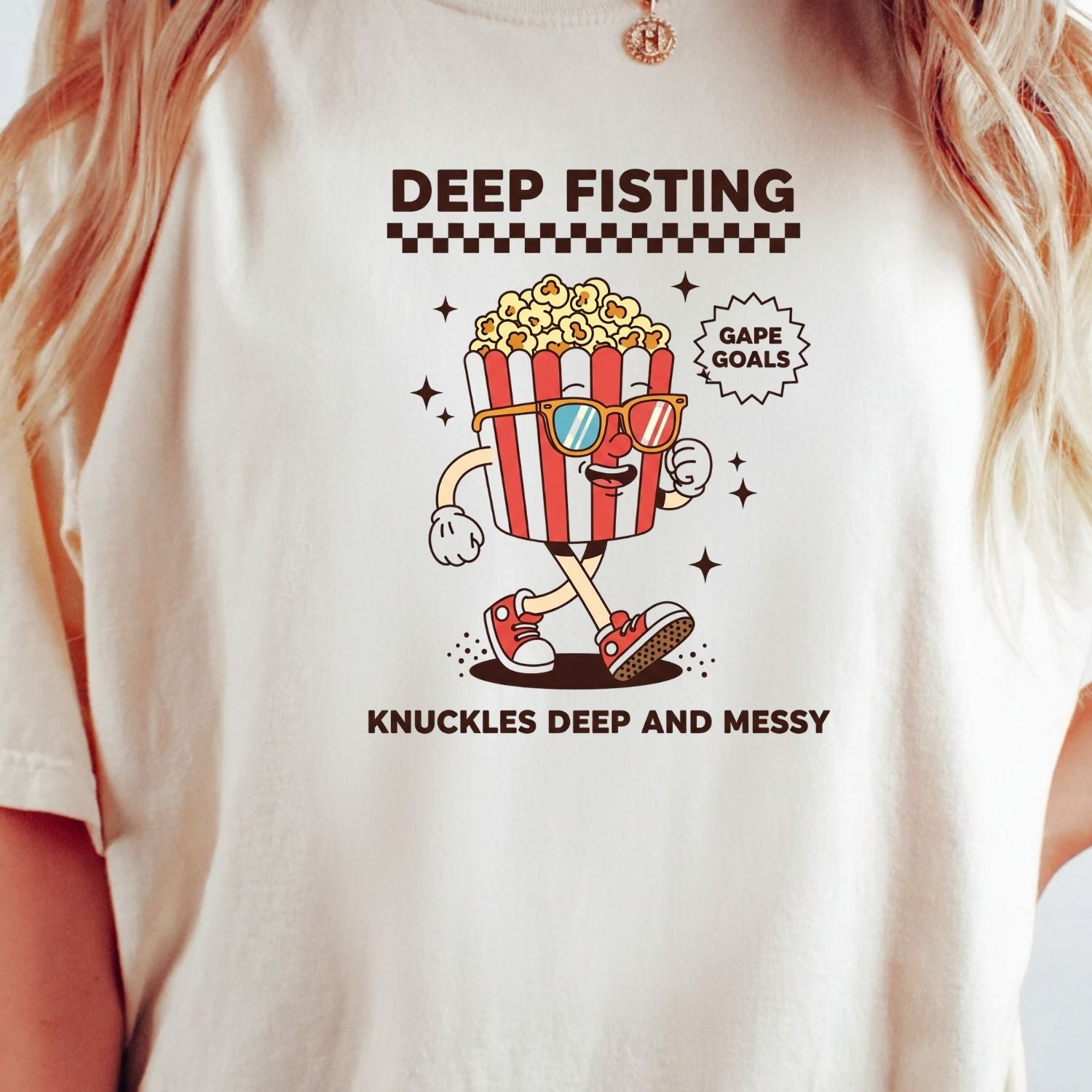 Funny Deep Fisting Popcorn T-Shirt - Retro Humor Tee - Bachelorette Party Shirt for Girls Trip