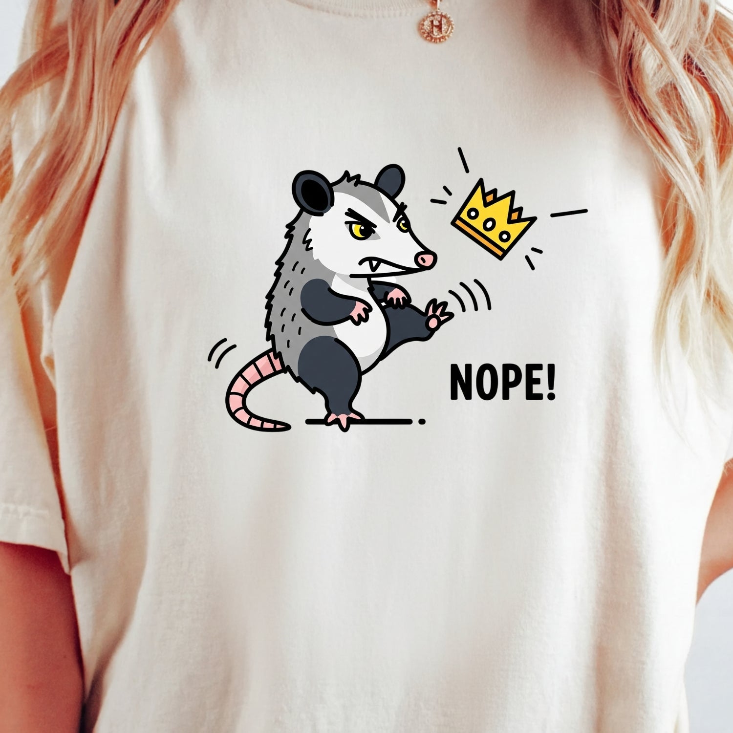 Nope Possum T-Shirt – No Kings Funny Graphic Tee – Grumpy Opossum Kicking Crown