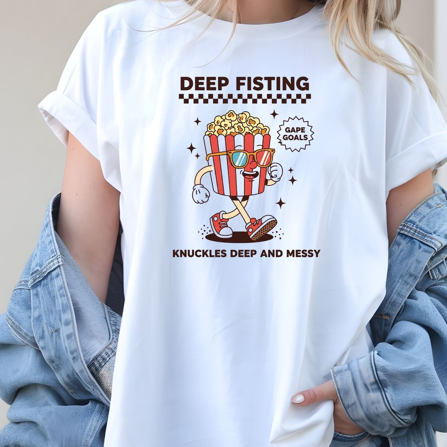 Funny Deep Fisting Popcorn T-Shirt - Retro Humor Tee - Bachelorette Party Shirt for Girls Trip
