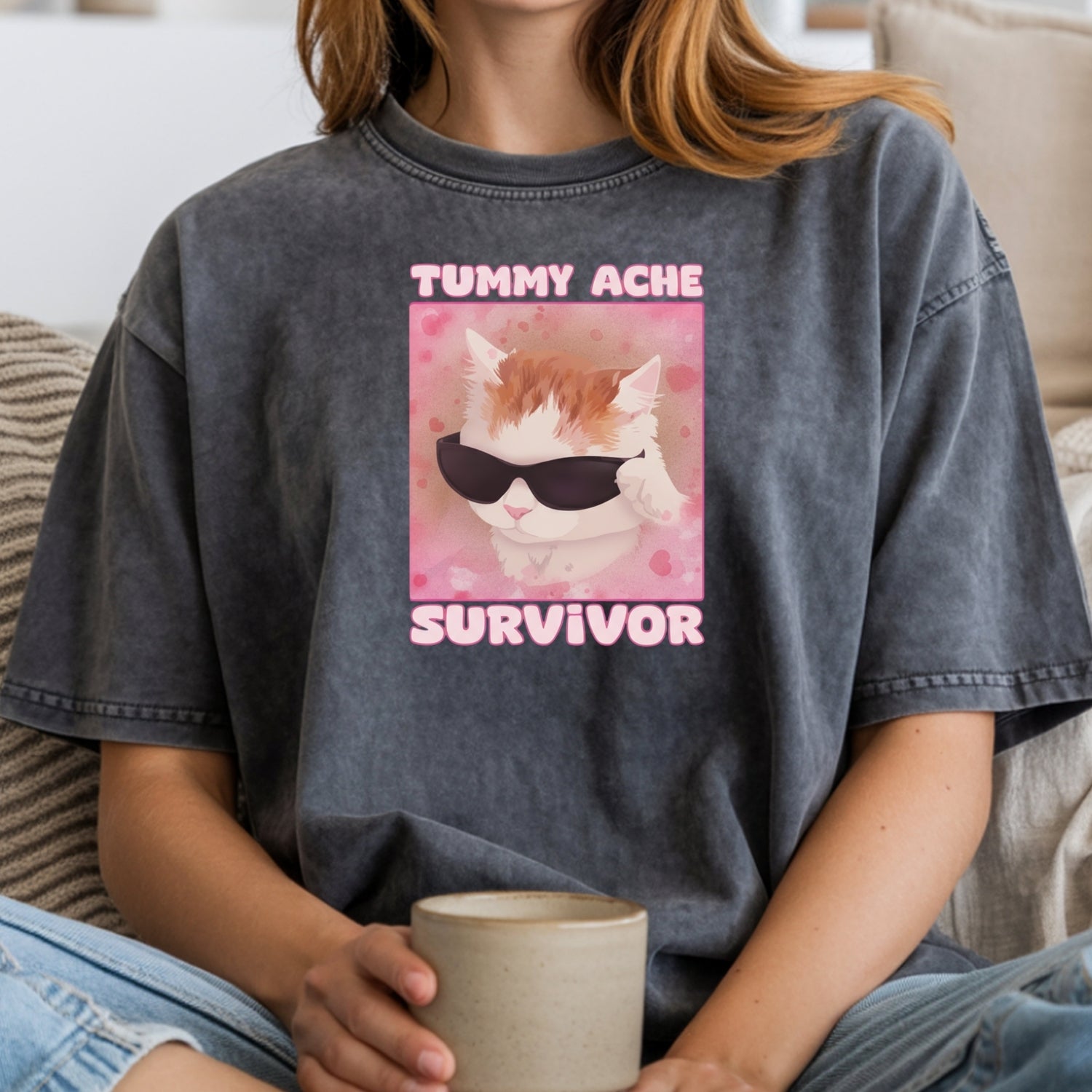 Tummy Ache Survivor Shirt – Funny Cat Meme Tee – Trendy Goofy Cat Graphic for Women