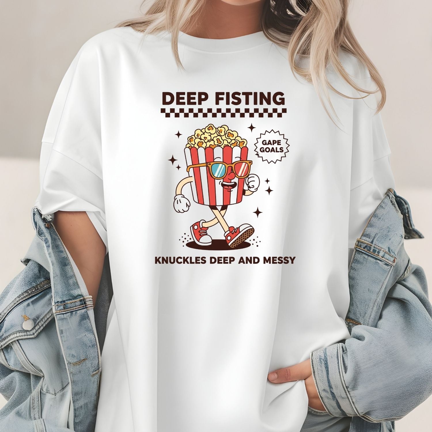 Funny Deep Fisting Popcorn T-Shirt - Retro Humor Tee - Bachelorette Party Shirt for Girls Trip