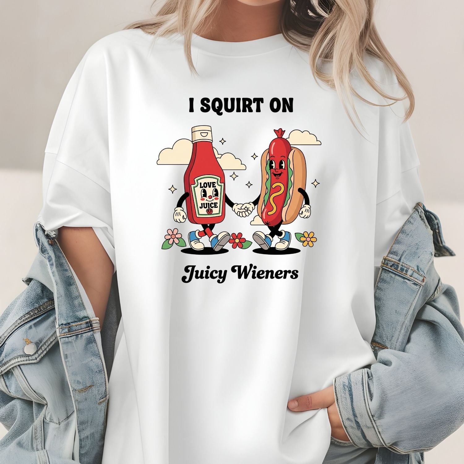 Funny I Squirt On Juicy Wieners Graphic Tee - Hot Dog Meme Shirt - Silly Inappropriate T-Shirt for Adults