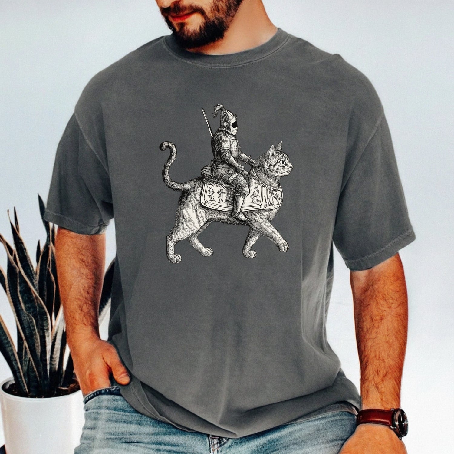 Retro Cat Knight Graphic T-Shirt – Vintage Medieval Tattoo Style – Dark Y2K Kitten Tee