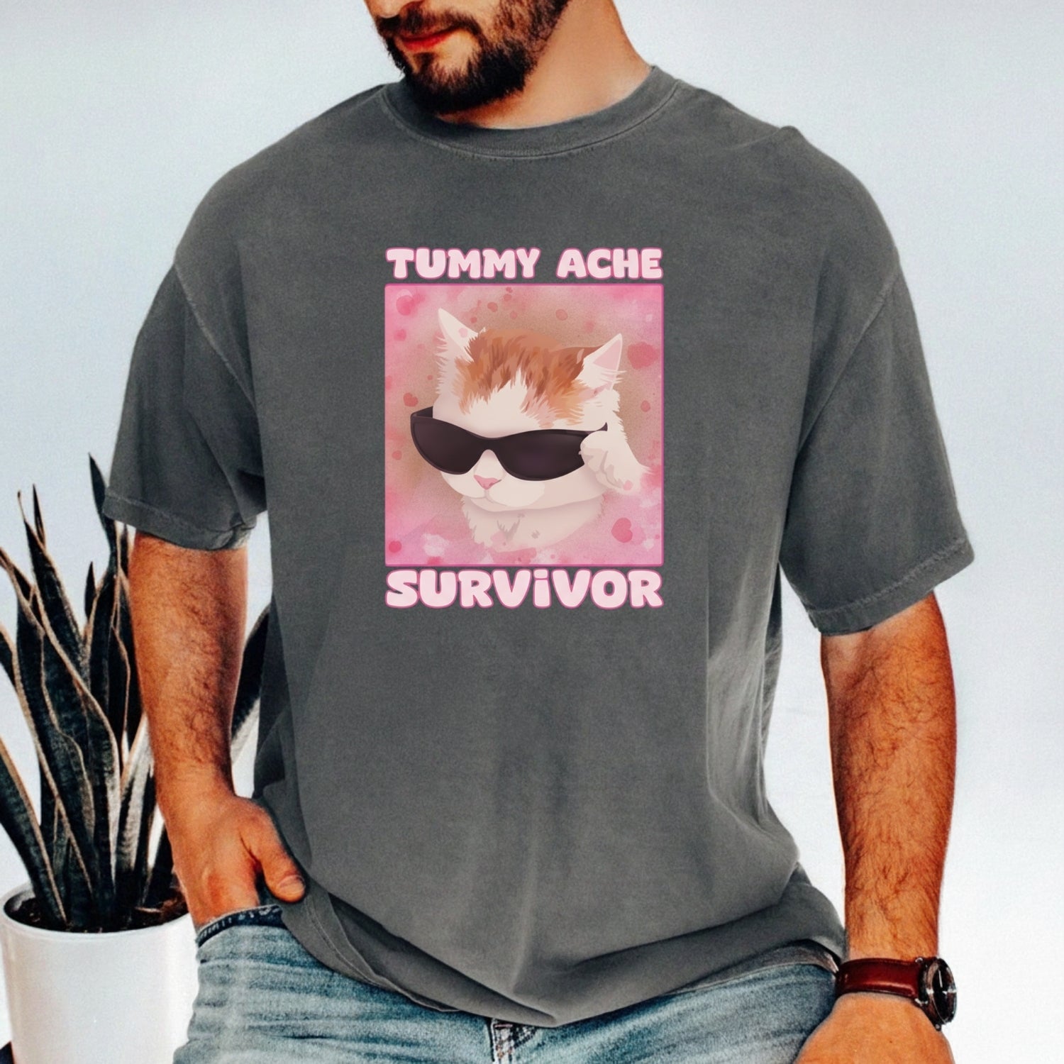 Tummy Ache Survivor Shirt – Funny Cat Meme Tee – Trendy Goofy Cat Graphic for Women
