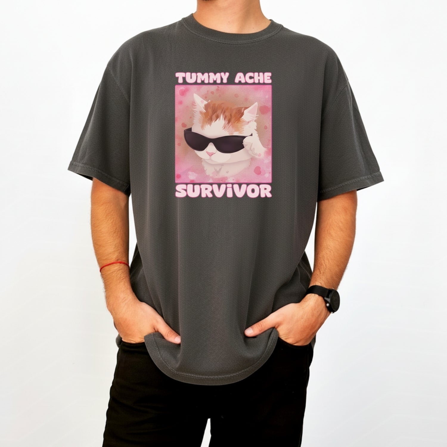 Tummy Ache Survivor Shirt – Funny Cat Meme Tee – Trendy Goofy Cat Graphic for Women