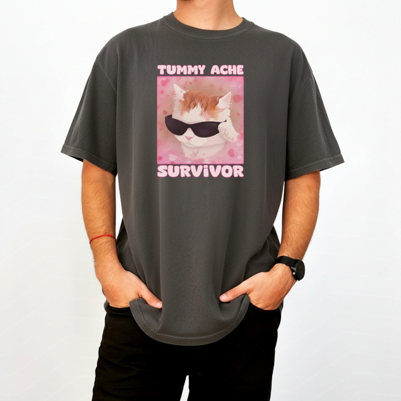 Tummy Ache Survivor Shirt – Funny Cat Meme Tee – Trendy Goofy Cat Graphic for Women